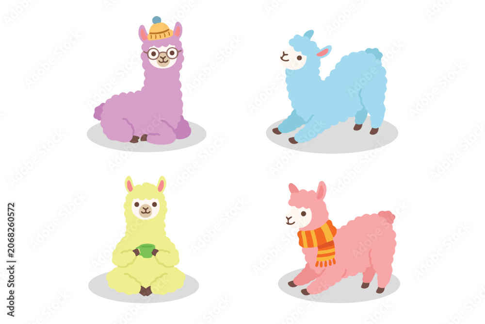 Naklejka premium Cute fluffy alpaca and llama clip art set flat vector illustration bundle of funny animal characters