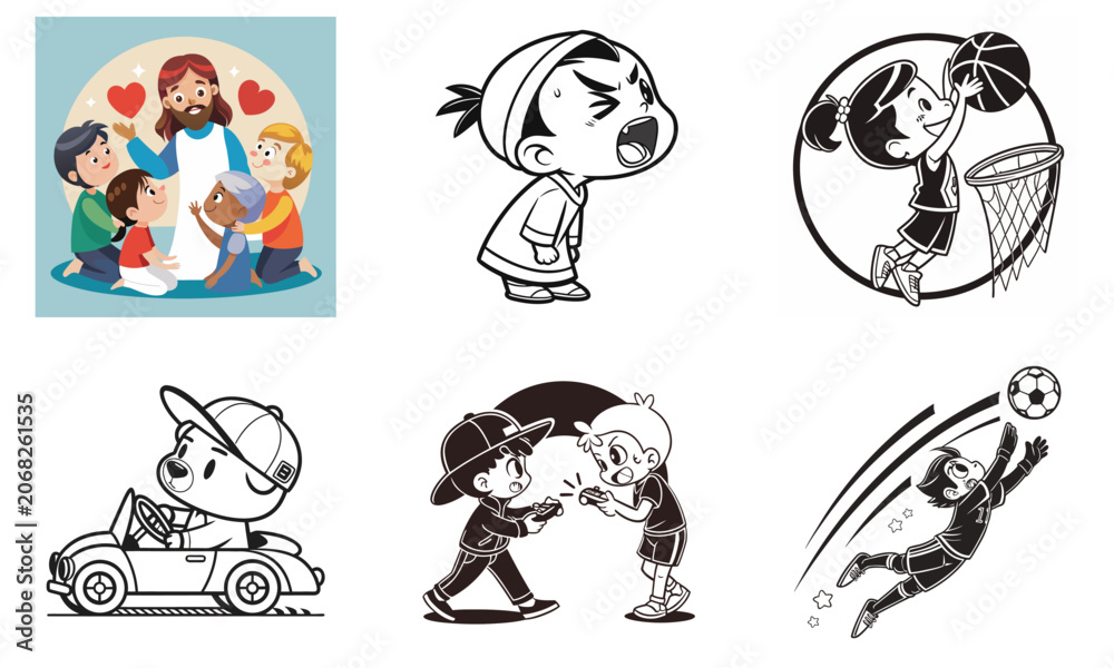 Obraz premium A collection of six diverse illustrations featuring children in various activities and a religious scene