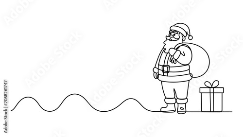 Cuadro en lienzo Santa claus with gift box and sack of presents in a simple continuous line drawi