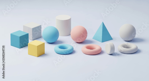 Abstract Geometric Shapes: Colorful Cubes, Spheres, Pyramids, Cylinders