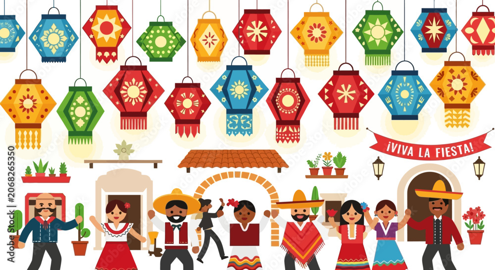 Fototapeta premium Mexican Fiesta Celebration with Traditional People and Colorful Lanterns