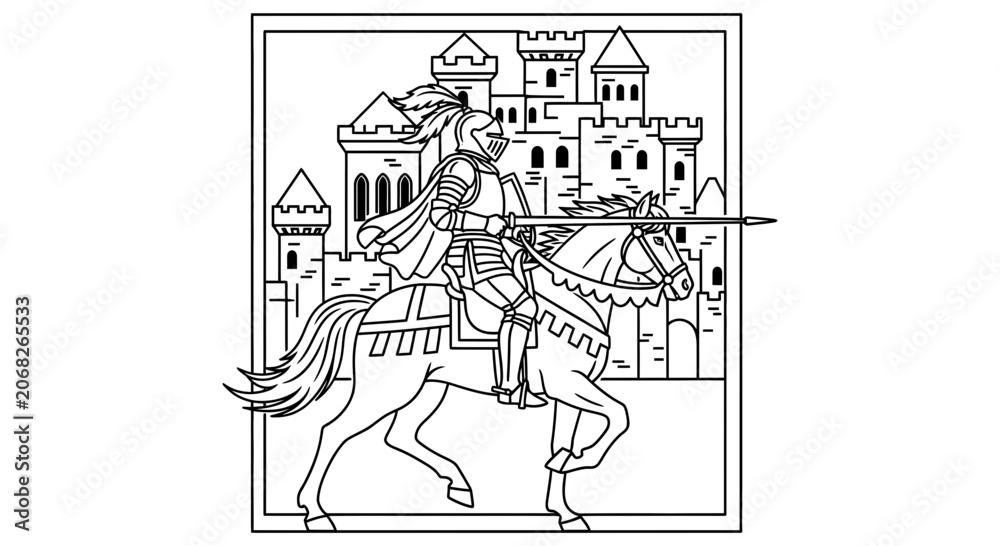Obraz premium Medieval Knight on Horseback with Lance and Castle Background