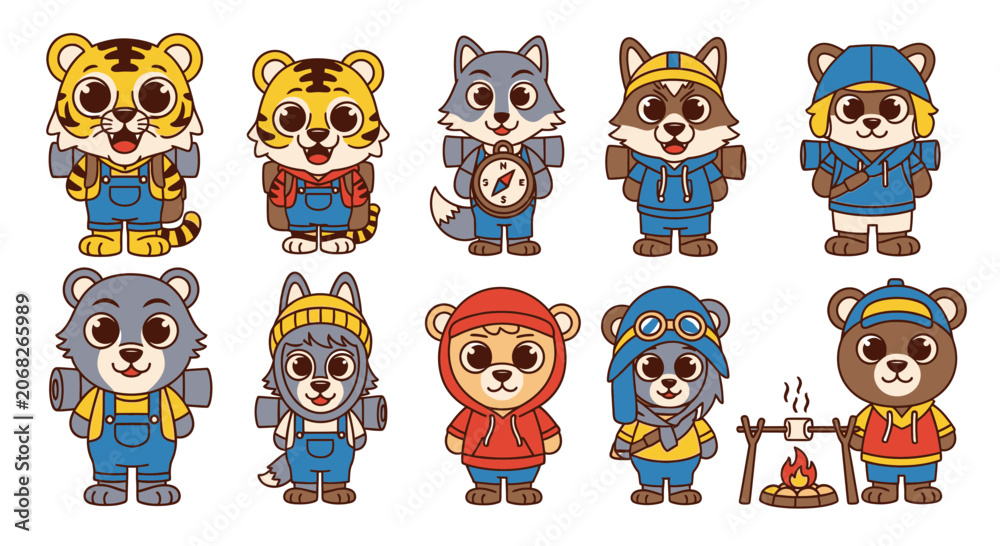 Fototapeta premium Cute Animals Camping and Hiking Adventure Vector Sticker Set