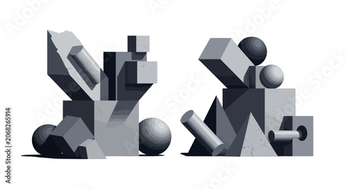 Abstract Geometric Shapes Composition, Monochromatic Study