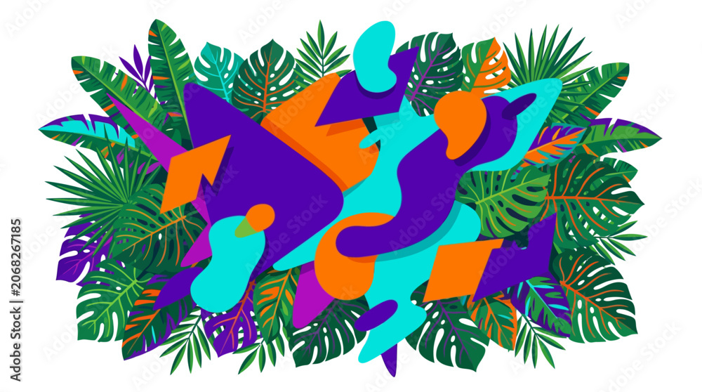 Obraz premium Abstract Tropical Foliage with Vibrant Geometric Shapes and Figures