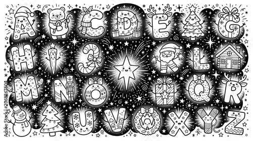 Christmas Alphabet Coloring Page: Festive Letters with Cute Characters and Symbols