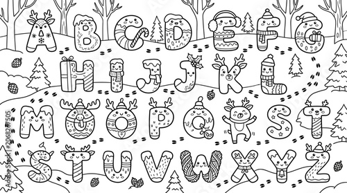 Christmas Alphabet Coloring Page with Cute Characters and Winter Scene