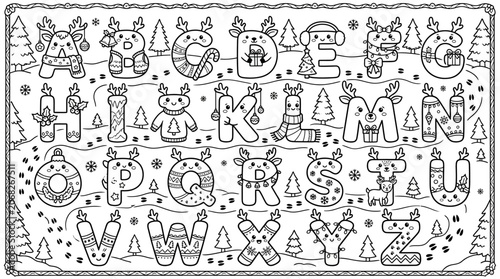 Christmas Alphabet Coloring Page with Reindeer, Trees, and Ornaments - A to Z