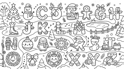 Christmas Alphabet Coloring Page with Cute Characters and Winter Scene