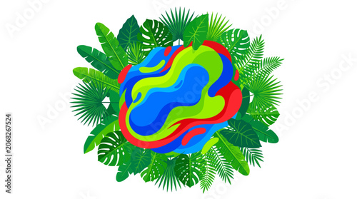 Abstract colorful globe surrounded by lush green tropical leaves on white background