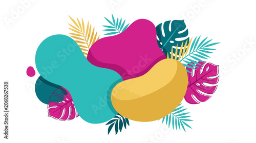 Abstract Colorful Organic Shapes with Tropical Leaves, Vibrant Summer Design Element