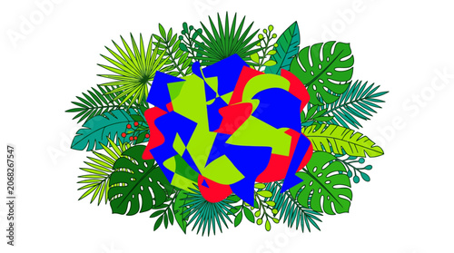 Abstract Geometric Shape Amidst Tropical Leaves, Vibrant Colors, Nature Art