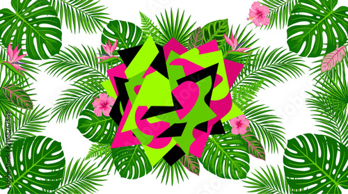 Abstract Geometric Shape with Tropical Leaves and Flowers