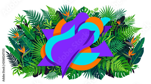 Abstract Geometric Shapes Amidst Lush Tropical Jungle Foliage and Bird of Paradise Flowers