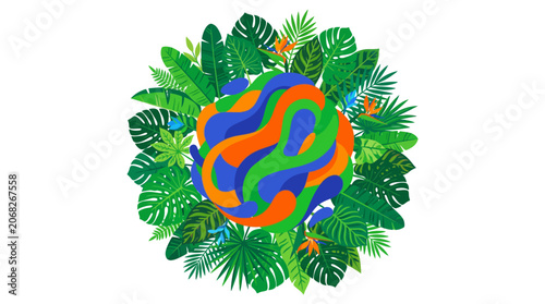 Abstract Organic Orb Surrounded by Lush Tropical Jungle Leaves and Flowers