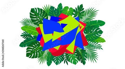 Abstract Geometric Shapes Bursting Through Tropical Jungle Leaves