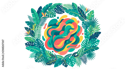 Abstract Organic Shape Surrounded by Lush Tropical Leaves