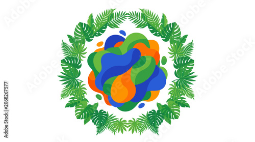 Abstract Organic Shape with Tropical Leaf Wreath on White Background