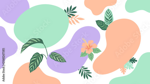 Abstract Organic Shapes and Tropical Leaves on White Background