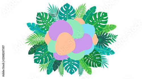 Abstract organic shapes and tropical leaves wreath, pastel colors on white background