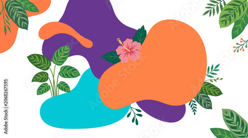 Abstract organic shapes and tropical leaves, vibrant colors, summer background design