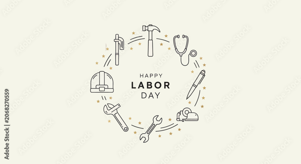 Obraz premium Labor Day celebration illustration with circle of profession tool icons on light background