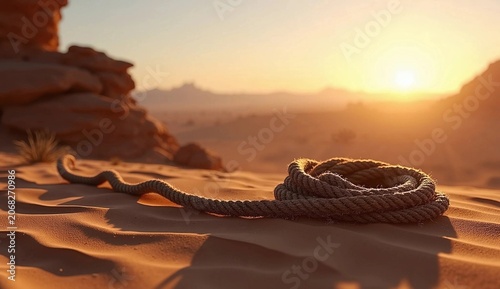Coiled Rope on Desert Sand at Sunset