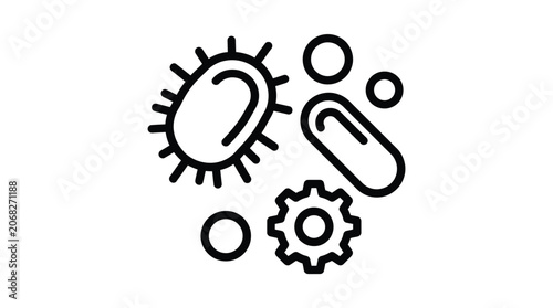 Black and white line art vector icon showing various microscopic bacteria and virus cells arranged in a simple clean graphic style on a plain background