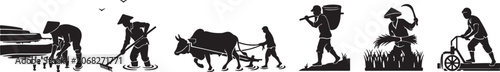 Foto Silhouette of Asian farmers working in a rice paddy field
