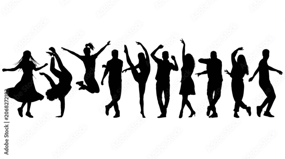Fototapeta premium Group of people dancing and celebrating together joyfully isolated on transparent background, Vector