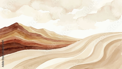 Watercolor desert landscape with layered mountains and flowing dunes