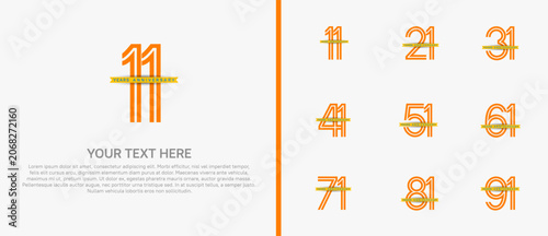 anniversary logo set with yellow ribbon. orange number on white background for celebration moment