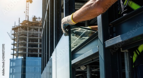 Worker Installing Glass On High Rise Building Construction Site