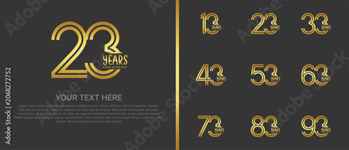 anniversary logo set with gold ribbon. golden number on black background for celebration moment