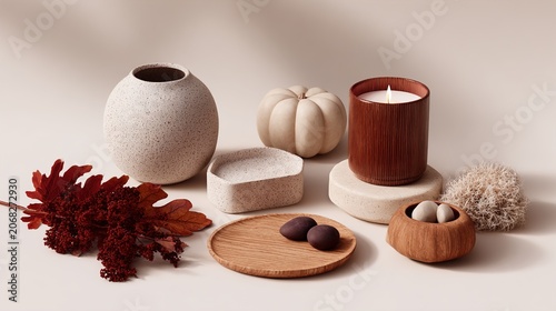 Autumn still life with pumpkins, candles and fall leaves on table