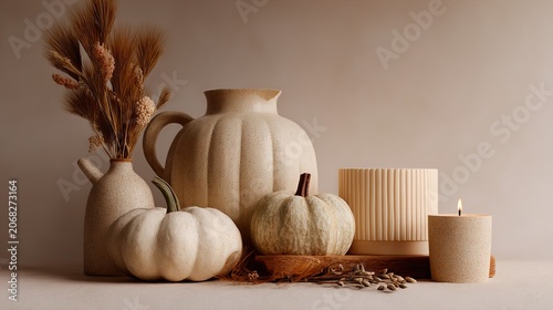 Autumn still life with pumpkins, vases and candles on table