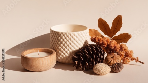 Autumn still life with candle, pinecone and dried flowers on beige background
