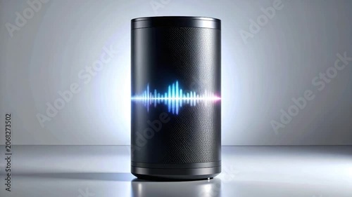 A cylindrical black device with light-up sound wave display