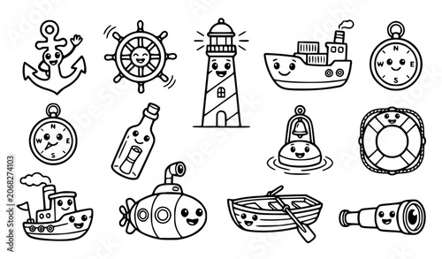 Foto Cute kawaii day of the seafarer character vector set with funny cartoon ship anc