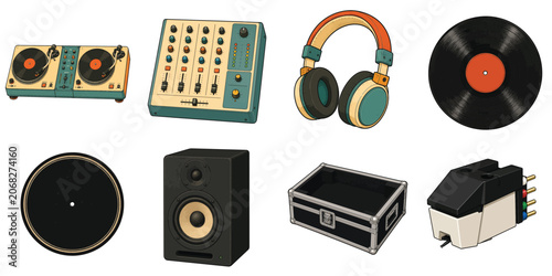 DJ Equipment Collection with DJ Turntable Mixer Headphones Vinyl Record Flight Case and Cartridge
