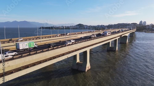 Aerial View of Pedro Ivo Campos and Colombo Salles Bridges with City Traffic and Ocean Coastline in Florianopolis Santa Catarina Brazil