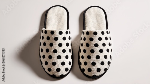 Black and white polka dot slippers on a plain background
