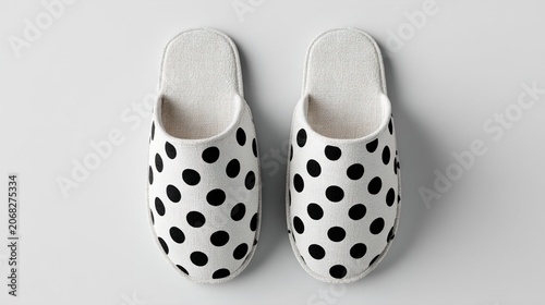 White slippers with black polka dots on gray background