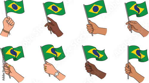 Konstfotografi Brazilian Flag in Diverse Hands Vector Set Isolated on White Background