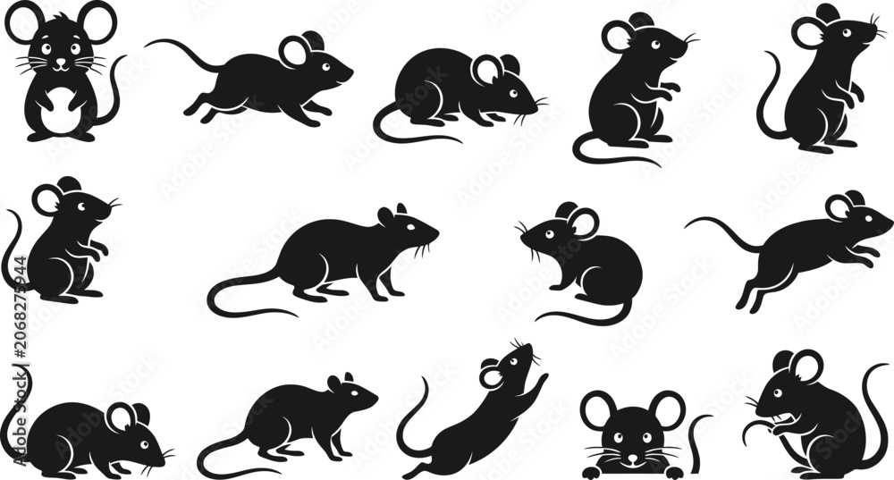 Naklejka premium Cute Black Mouse Silhouette Vector Set with Cartoon Rodent Poses
