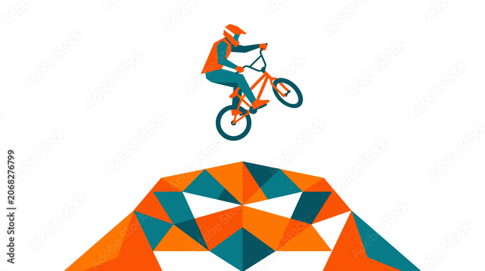 Naklejka premium A minimalist 2D flat design illustration of a BMX rider performing a jump over an abstract geometric obstacle