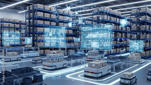 Smart automated warehouse using robotic logistics and AI data visualization for efficient supply chain management