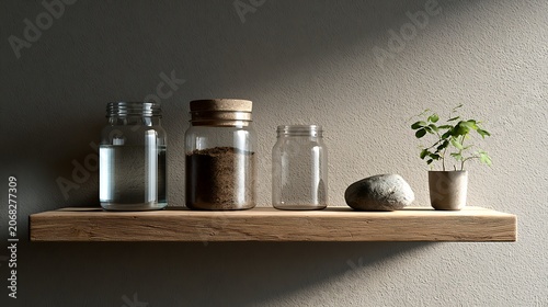 Spice Jars and Bottles on Sunny Kitchen Shelf / 窓際の棚に並んだスパイス瓶と調味料