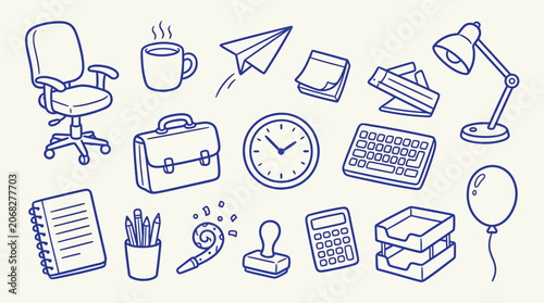A collection of hand-drawn office supplies and equipment, perfect for business and work-related themes.
