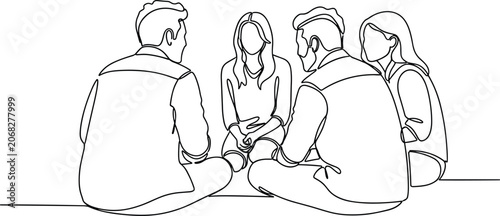 Continuous line drawing of four people sitting in circle and talking to each other for support.